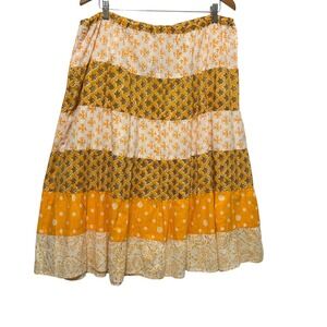 Boho Tiered‎ Midi Skirt L Yellow Patchwork Cottagecore Prairie Hippie Festival